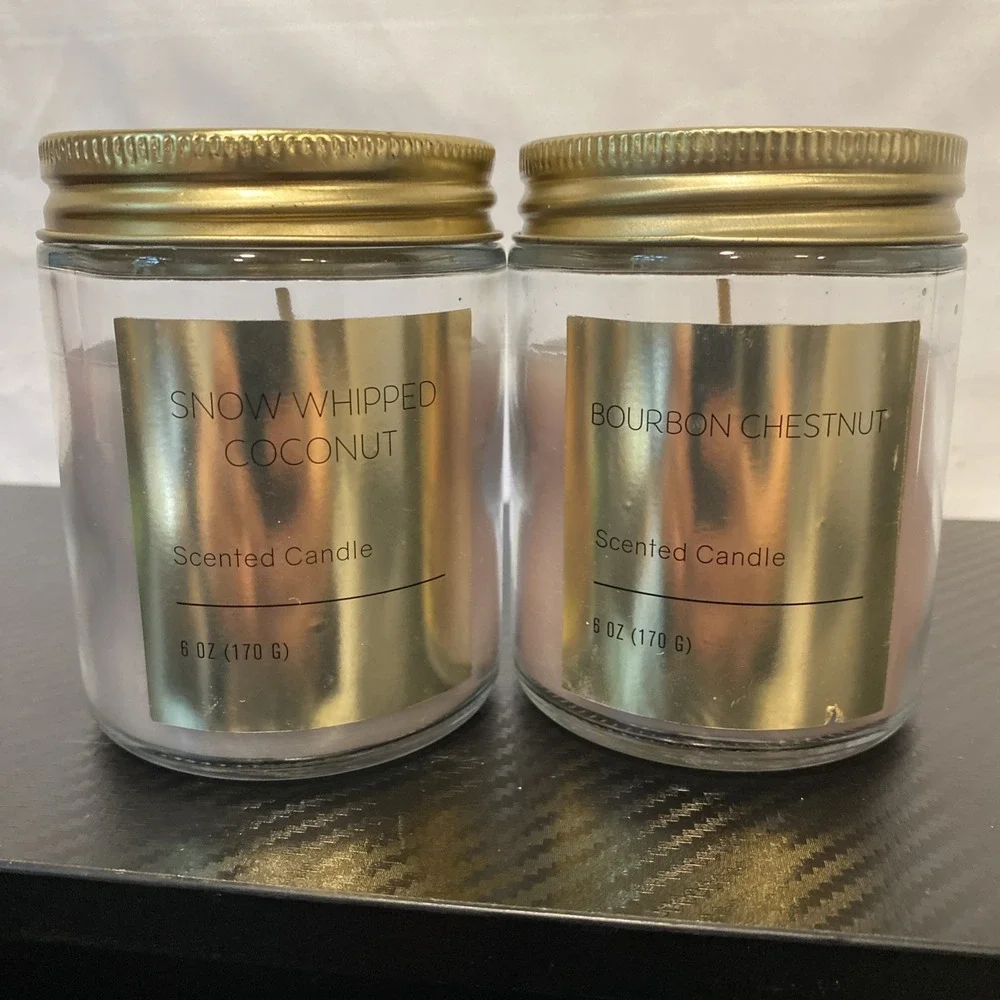 Set Of 2 Scented 6 oz Jar Candles Snow‎ Whipped Coconut & Bourbon Chestnut